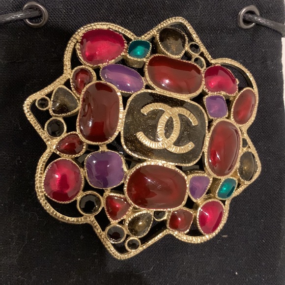 CHANEL CC Multicolor Gem Stone Large Vendura Style Brooch Pin Gold Pink Purple - Picture 13 of 13